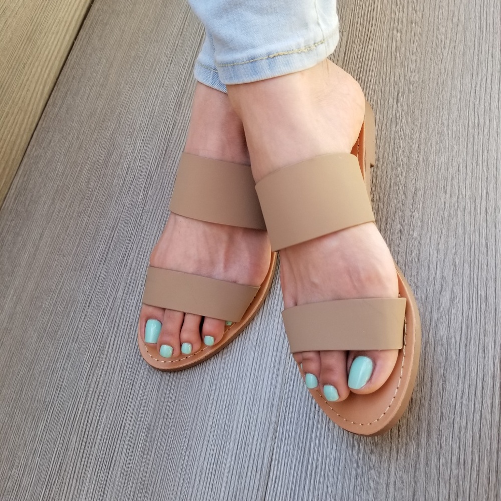 Slip On 2 Strap Flat Sandal Tan Faux Leather-E - Picture 7 of 8